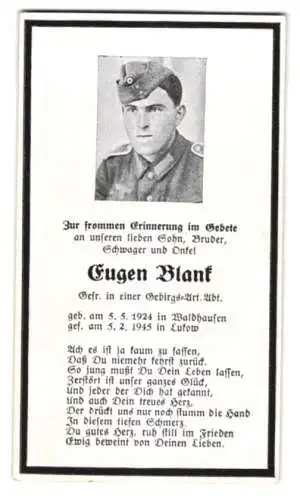 Sterbebild Eugen Blank, Gefreiter Gebirgsjäger-Artillerie-Abt., gefallen 1945 in Lukow