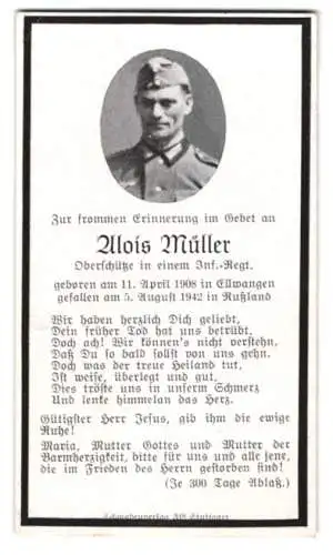 Sterbebild Alois Müller, Oberschütze Infanterie-Rgt., gefallen 1942 in Russland / Ostfront