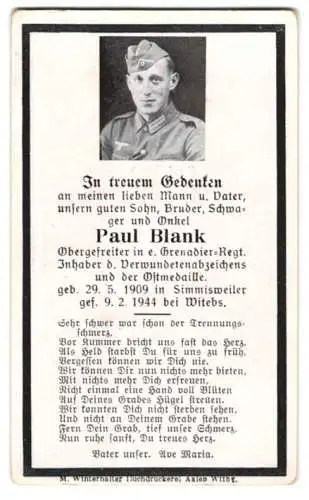 Sterbebild Paul Blank, Obergefreiter Grenadier-Rgt., Inh. Ostmedaille & Verwundeten-Abz., gefallen 1944 bei Witebs