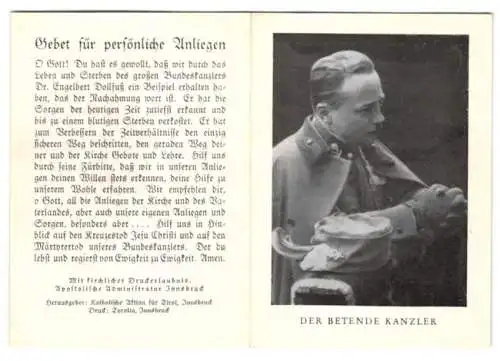 Sterbebild Bundeskanzler von Österreich Dr. Engelbert Dollfuss, Gebet Rückseitig