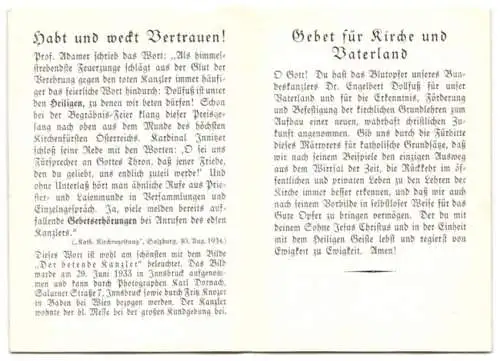 Sterbebild Bundeskanzler von Österreich Dr. Engelbert Dollfuss, Gebet Rückseitig