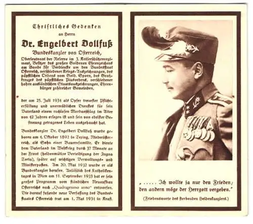 Sterbebild Bundeskanzler von Österreich Dr. Engelbert Dollfuss, 1892 - 1934, mit Kurzbiographie