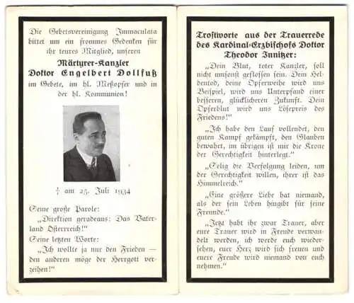 Sterbebild Bundeskanzler von Österreich Dr. Engelbert Dollfuss, mit Trauerrede