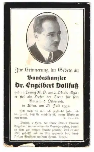 Sterbebild Bundeskanzler von Österreich Dr. Engelbert Dollfuss, 1892-1934, Kurzbiographie, Rückseitig Heiligenbild