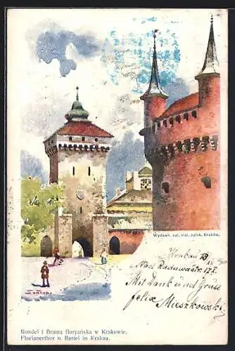 Künstler-AK Krakau-Krakow, Florianertor und Bastei