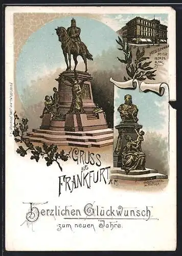 Lithographie Frankfurt, Hotel Schwan, Kaiserdenkmal im Posthof