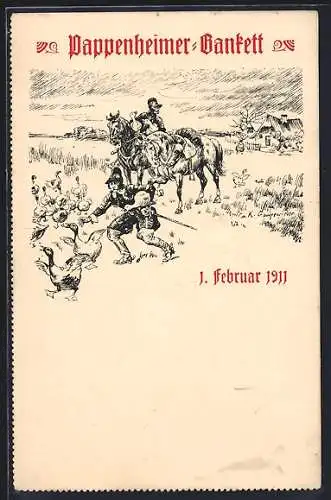 Künstler-AK Pappenheim / Bayern, Pappenheimer Bankett 1911, Soldaten mit Pferden fangen Gänse