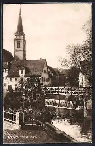 AK Schwabach am Ausfluss, Uferpartie mit Brücke