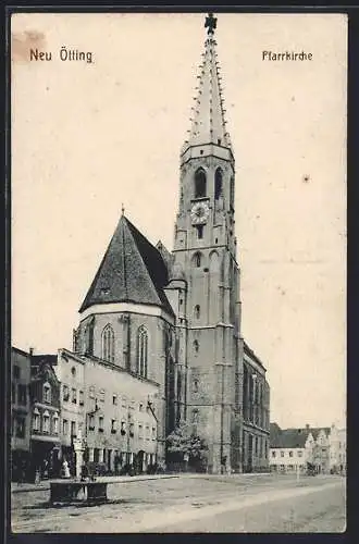 AK Neu Ötting, Pfarrkirche mit Brunnen