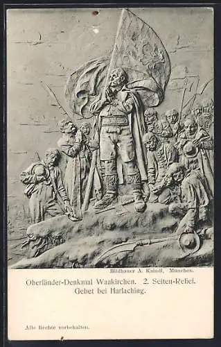 AK Waakirchen, Oberländer-Denkmal, 2. Seiten-Relief, Gebet bei Harlaching