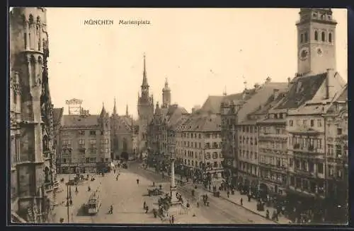 AK München, Marienplatz mit Cafe Perze und Strassenbahn