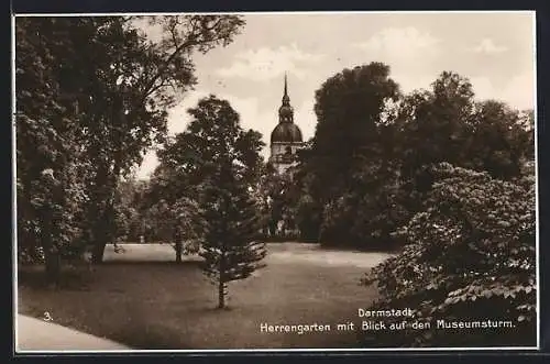 AK Darmstadt, Herrengarten mit Blick auf den Museumsturm