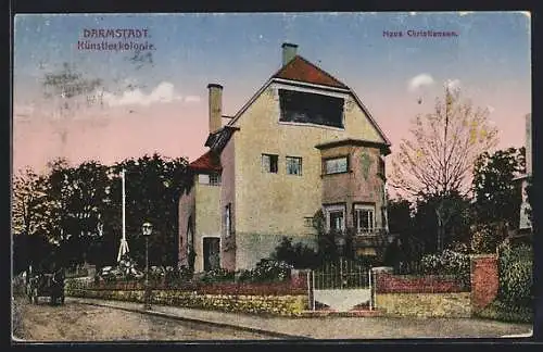 AK Darmstadt, Künstlerkolonie, Haus Christiansen, Kutsche