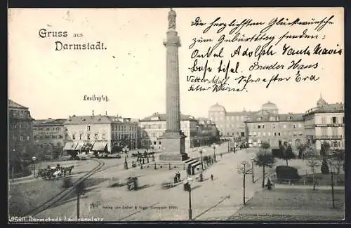 AK Darmstadt, Louisenplatz mit Geschäften und Denkmal