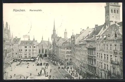 AK München, Marienplatz mit Geschäften und Denkmal