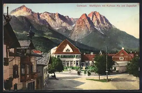 AK Garmisch, Marktplatz mit Kurhaus Alp und Zugspitze