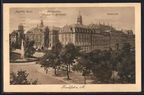 AK Frankfurt-Westend, Senckenberg, Museum-Bibliothek mit Physikal. Verein u. Universität aus der Vogelschau