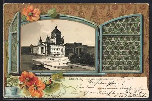 Passepartout-Lithographie Leipzig, Reichsgerichtsgebäude mit Umgebung, im Fensterrahmen, Blumen