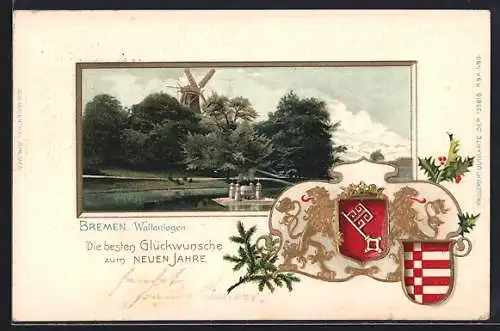 Passepartout-Lithographie Bremen, Wollenlagen, Mühle, Wappen