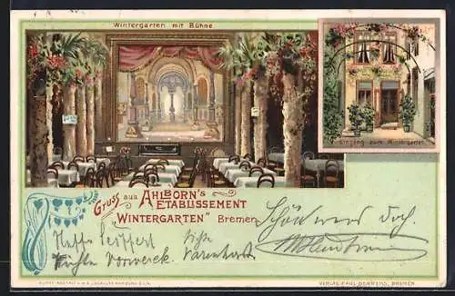 Lithographie Bremen, Gasthaus Ahlborns Etablissement Wintergarten, Eingang, Bühne