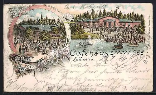 Lithographie Bremen, Cafehaus Emmasee, Gartenansichten, Bootspartie