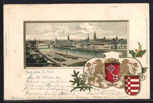 Passepartout-Lithographie Bremen, Stadt und Weser, Wappen