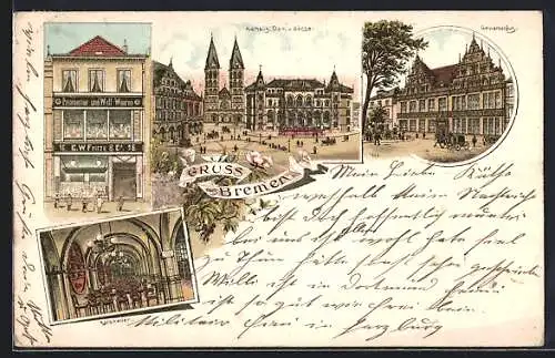 Lithographie Bremen, Posamantier- u. Woll-Waaren Fritze & Co., Gewerbehaus, Ratskeller