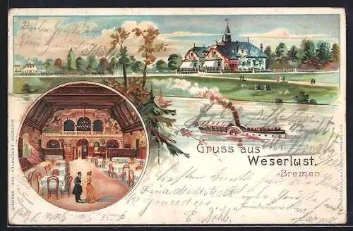 Lithographie Bremen, Gasthaus Weserlust mit Strasse u. Umgebung, Innenansicht