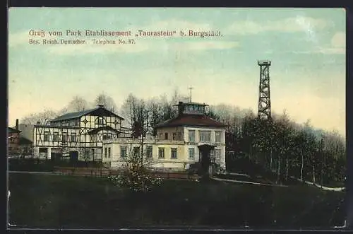 AK Burgstädt / Sachsen, Gasthaus Park-Etablissement Taurastein R. Deutscher, Ansicht mit Turm