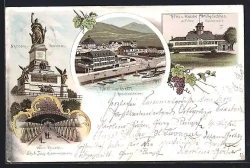 Lithographie Assmannshausen, Hotel u. Pension Jagdschloss, Hotel zum Anker, Wein-Kellerei