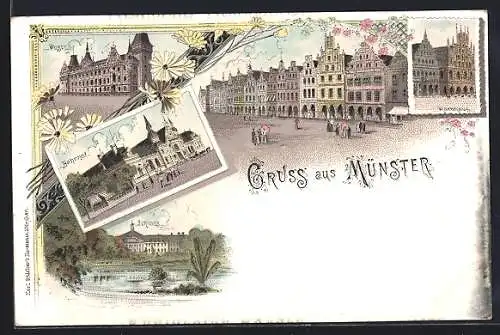 Lithographie Münster / Westfalen, Prinzipalmarkt, Bahnhof, Post