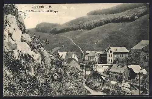 AK Lerbach i. H., Gaststätte Schützenhaus mit Klippe u. Umgebung