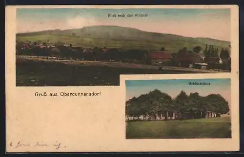 AK Obercunnersdorf / Löbau, Gaststätte Schützenhaus, Ortspanorama mit Kottmar