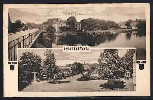 AK Grimma, Hotel Schützenhaus, Platzansicht mit Brücke