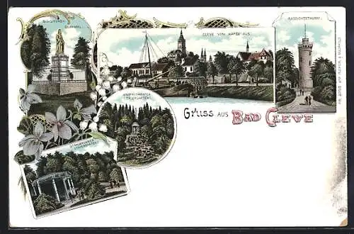 Lithographie Bad Cleve, Aussichtsturm, Stahlbrunnen im Tiergarten, Ortsansicht vom Hafen