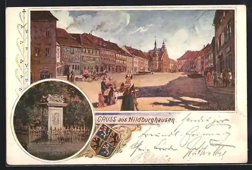 Lithographie Hildburghausen, Marktplatz, Denkmalstein