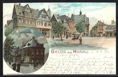 Lithographie Hanau, Stadttheater, Paradeplatz, Pferdekutsche