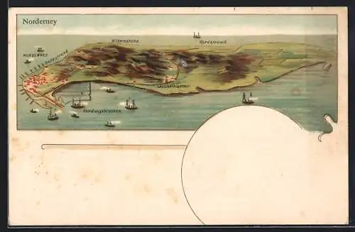 Lithographie Norderney, Gesamtansicht mit Ortsbezeichnungen aus der Vogelschau