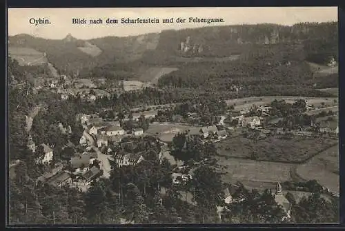 AK Oybin, Blick nach dem Scharfenstein und der Strasse Felsengasse