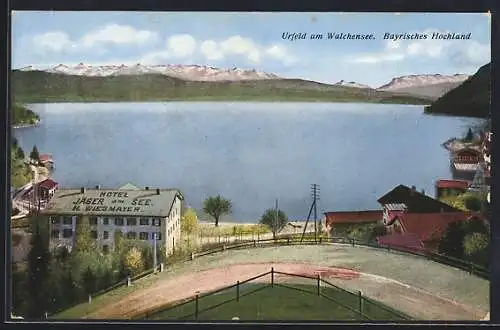 AK Urfeld / Walchensee, Bayrisches Hochland, Hotel Jäger am See und Strassenpartie