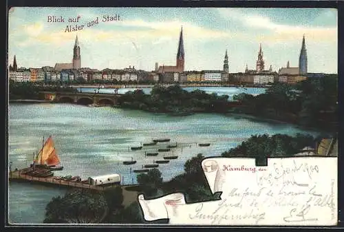 Künstler-AK Hamburg, Alster, Lombardsbrücke und Stadt