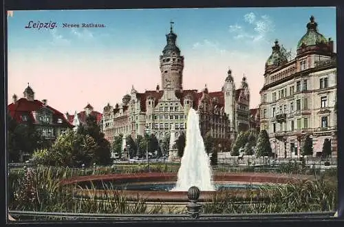 AK Leipzig, Neues Rathaus mit Brunnen