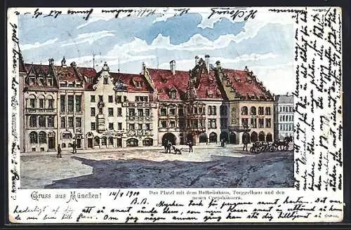 Künstler-AK München-Au, Das Platzl mit dem Gasthof Hofbräuhaus, Torggelhaus und den neuen Corpshäusern