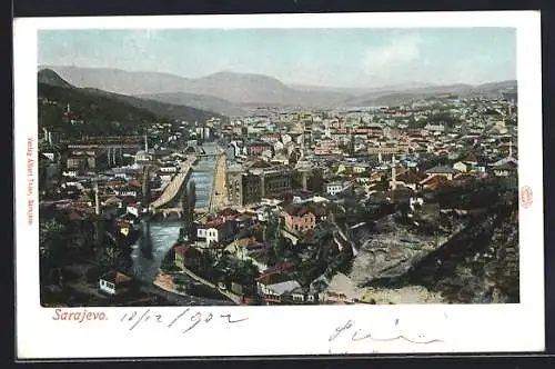 AK Sarajevo, Ortsansicht mit Brücken und Bergpanorama