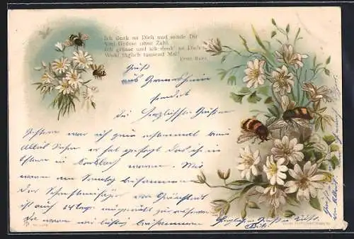 Lithographie Bienen an weissen Blumen, Grussreim