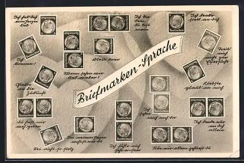 AK Briefmarken-Sprache vor Herz-Hintergrund