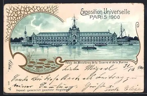 Lithographie Paris, Exposition Universelle 1900, Palais des Ministères de la Guerre et de la Marine