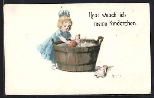 Künstler-AK Elly Frank: Mädchen badet ihre Puppen