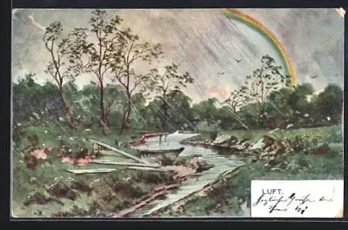 Künstler-AK Brüder Kohn (B.K.W.I) Nr. 734-2: Regenbogen über einer verregneten Flusslandschaft