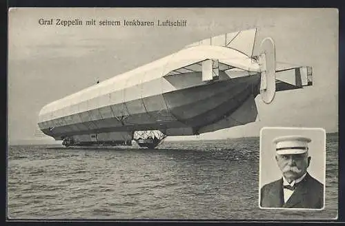 AK Zeppelin über dem See, Porträt Graf Zeppelins